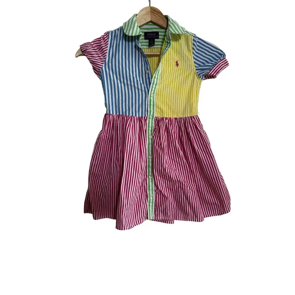 Polo Ralph Lauren Girls Dress SZ5 Multicolor Striped Shirt Dress Rainbow Preppy - Picture 3 of 10